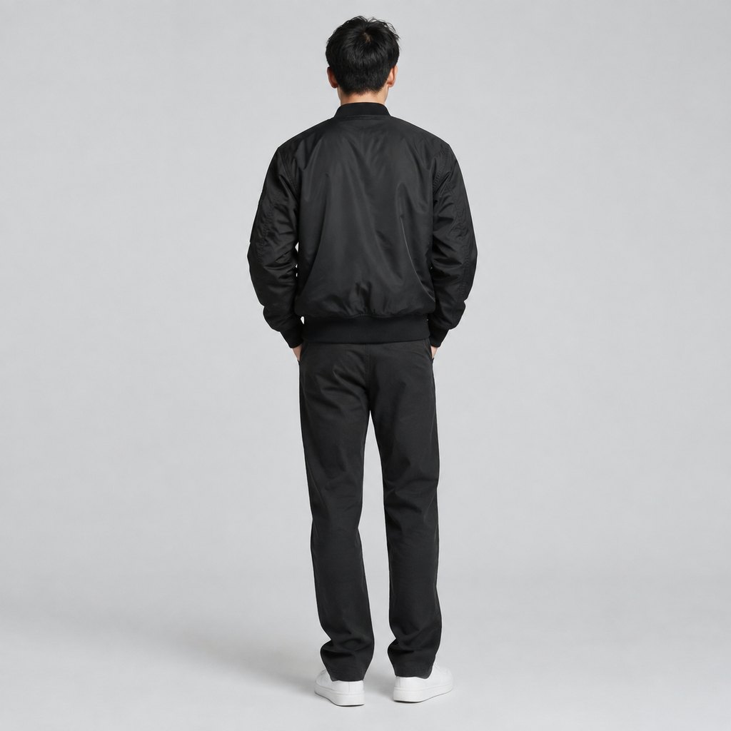 Black MA-1 bomber jacket worn by a model, front view — view 4