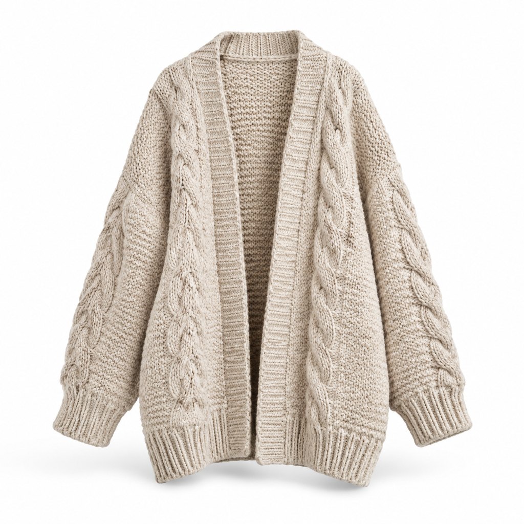 Oatmeal chunky knit cardigan worn by a model, front view