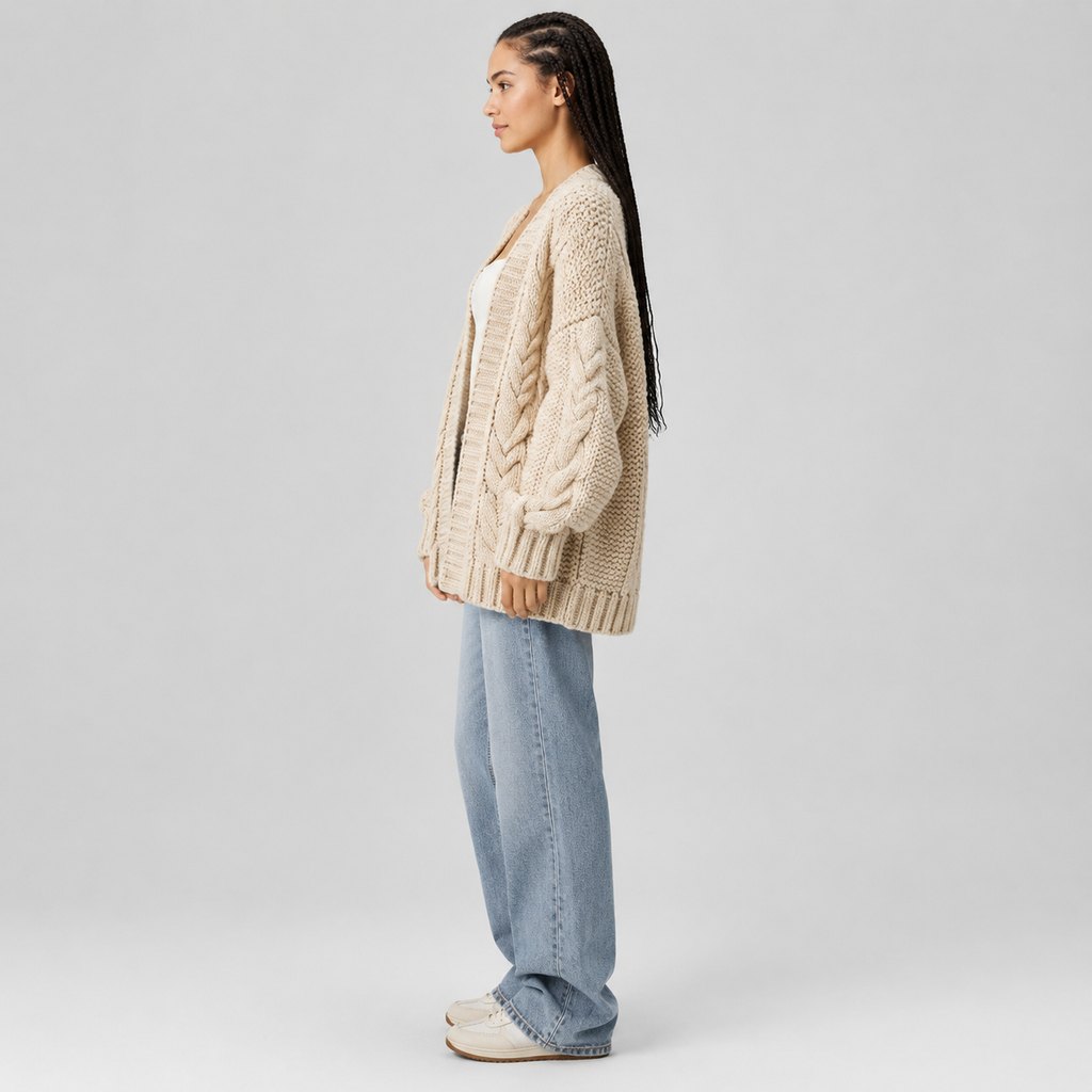 Oatmeal chunky knit cardigan worn by a model, front view — view 3