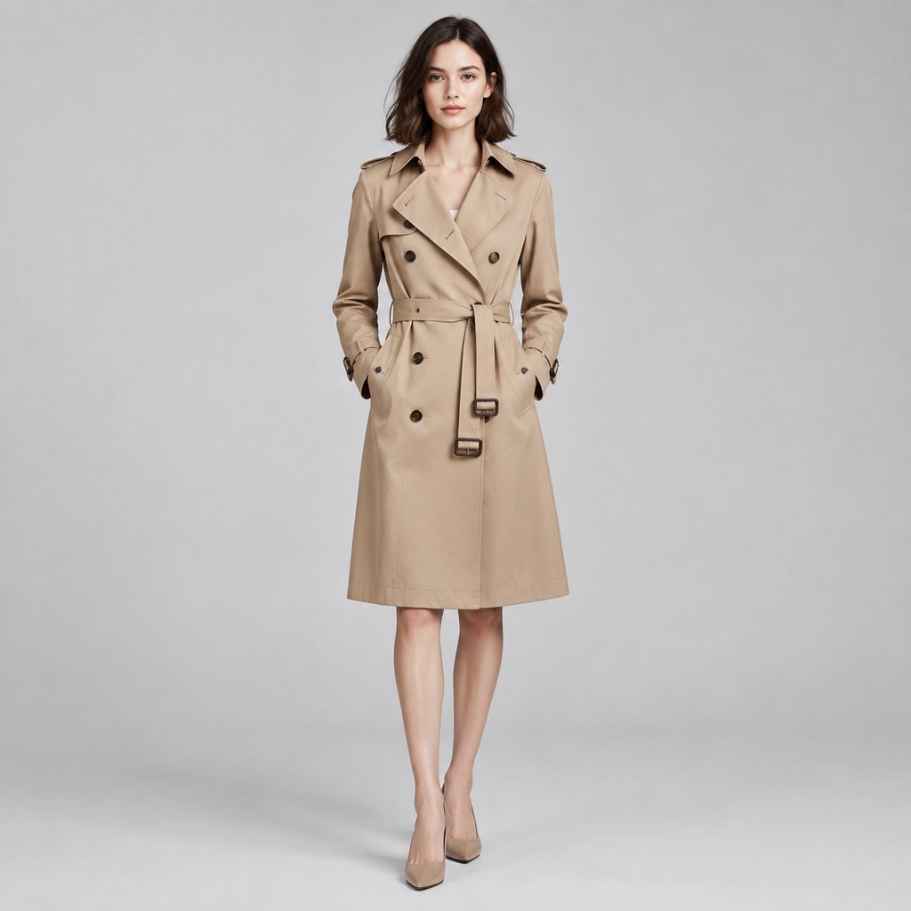 Classic belted trench coat in camel worn by a model, front view — view 2