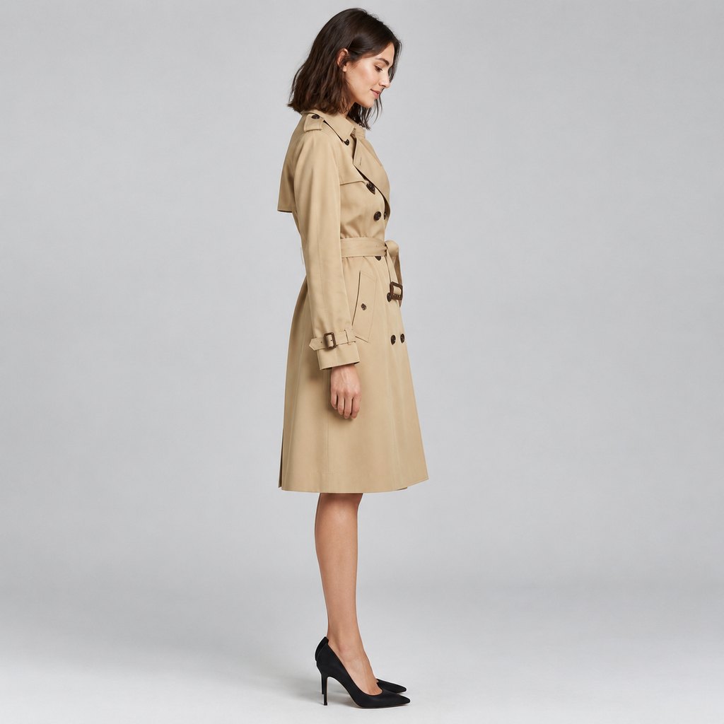 Classic belted trench coat in camel worn by a model, front view — view 3