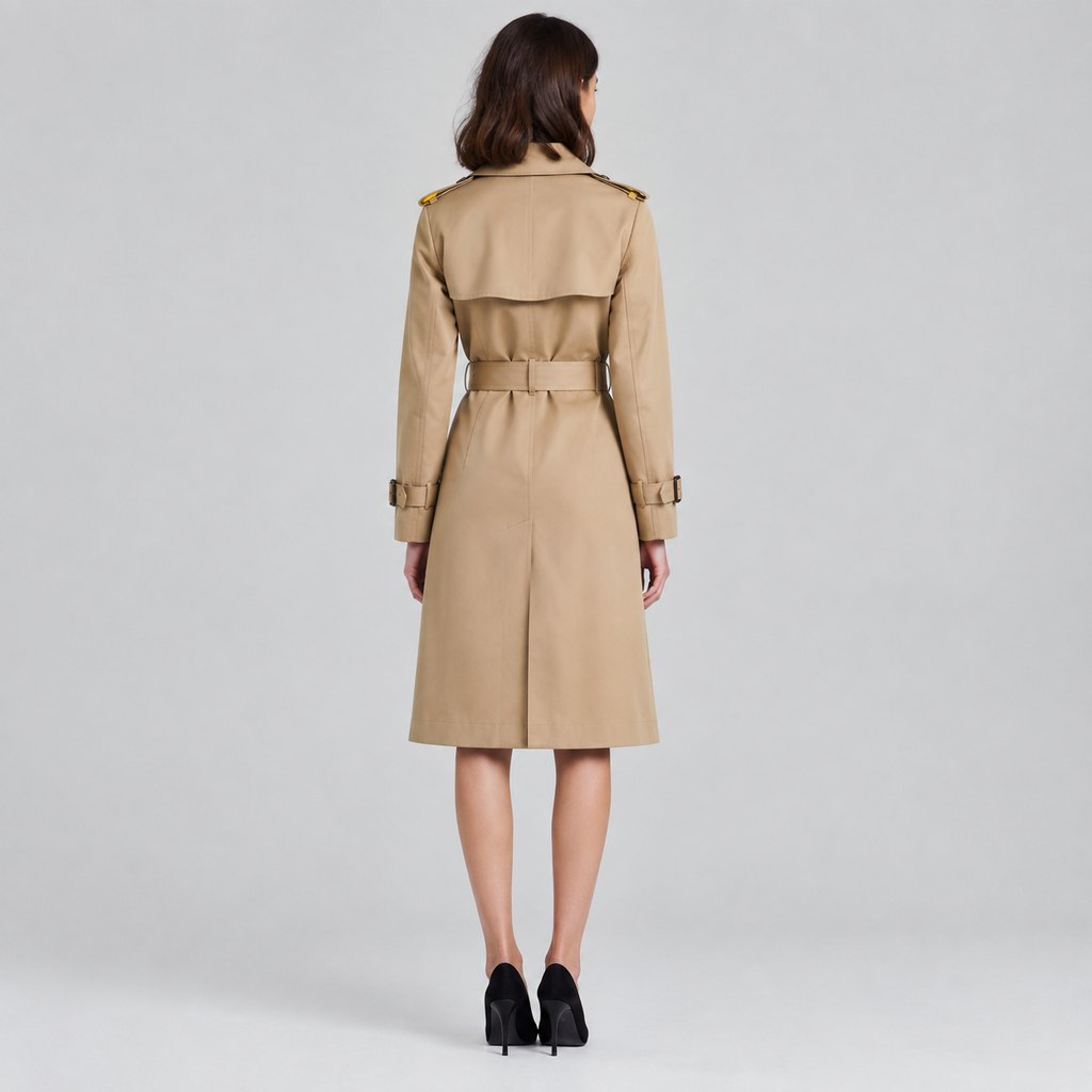Classic belted trench coat in camel worn by a model, front view — view 4