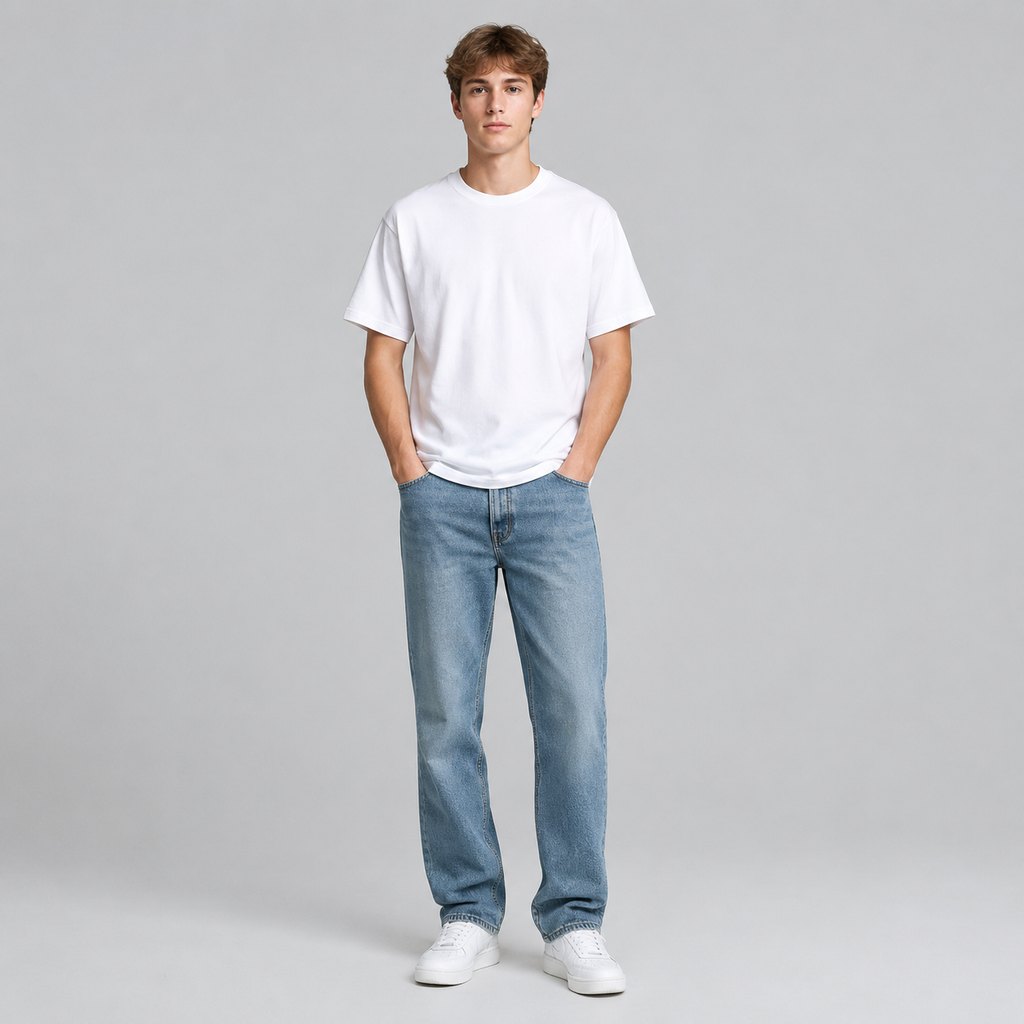 White heavyweight cotton basic t-shirt worn by a model, front view — view 2