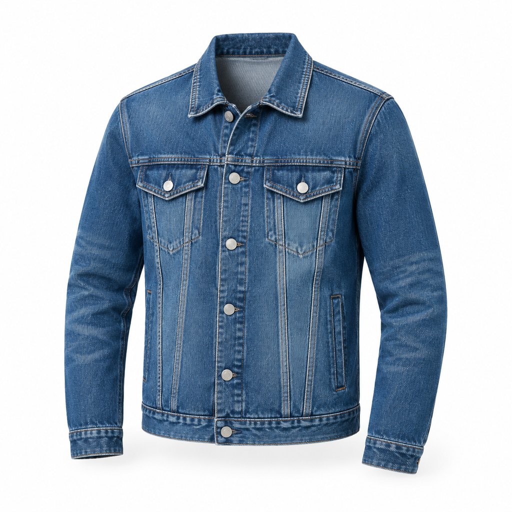 Indigo denim trucker jacket worn by a model, front view