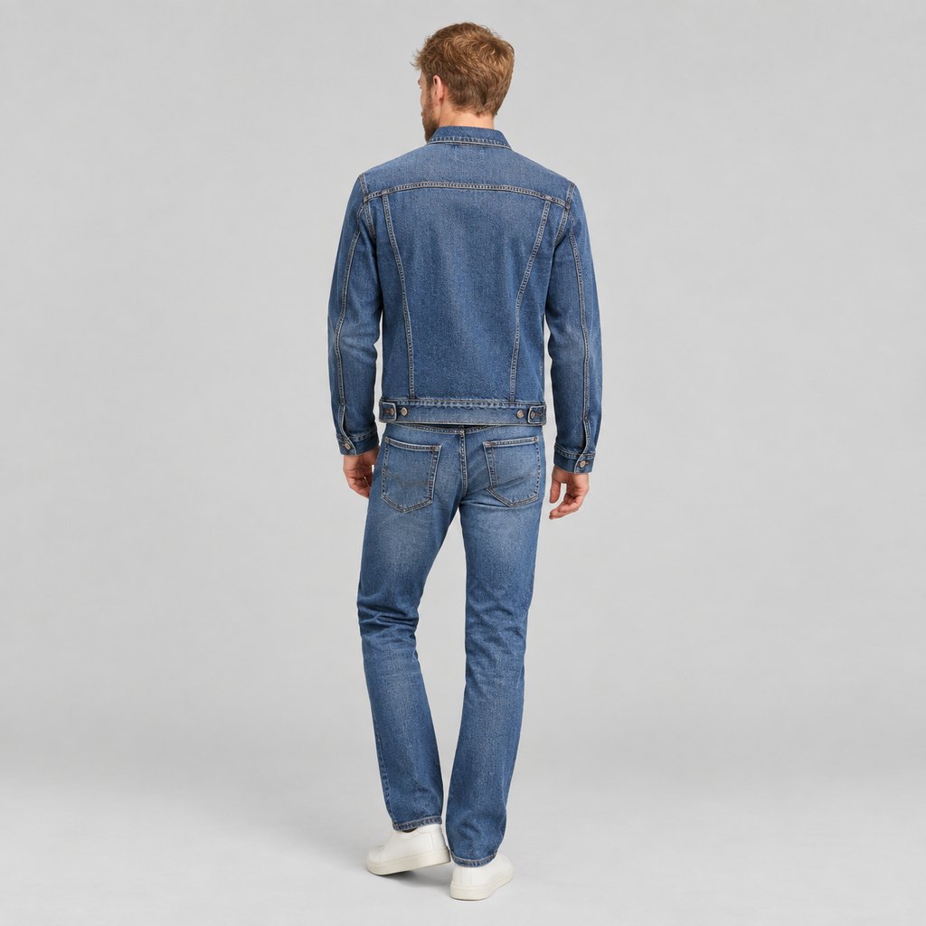 Indigo denim trucker jacket worn by a model, front view — view 4