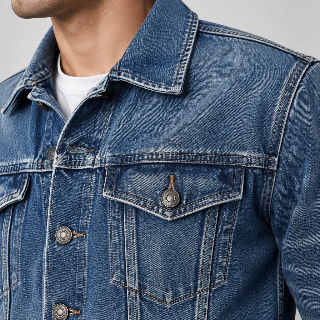 Indigo denim trucker jacket worn by a model, front view — view 5
