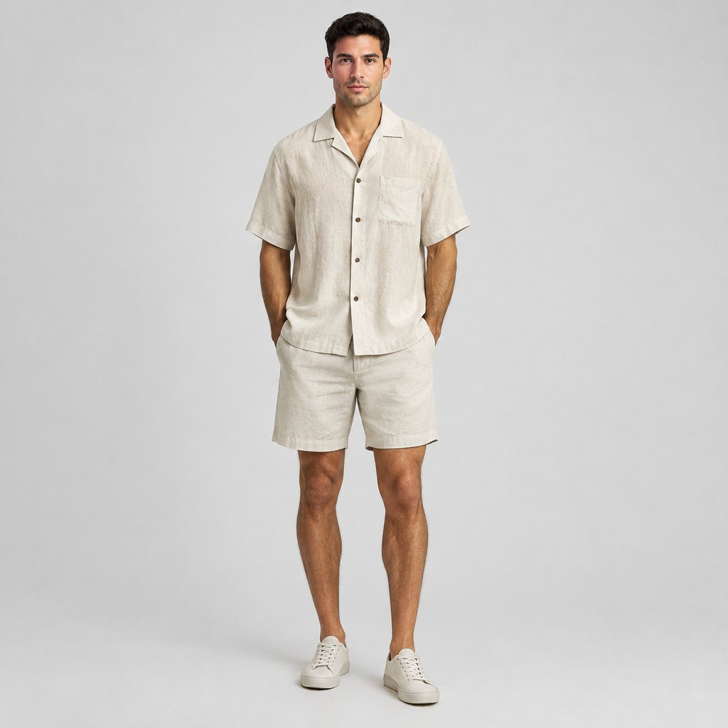 Beige linen camp collar shirt worn by a model, front view — view 2