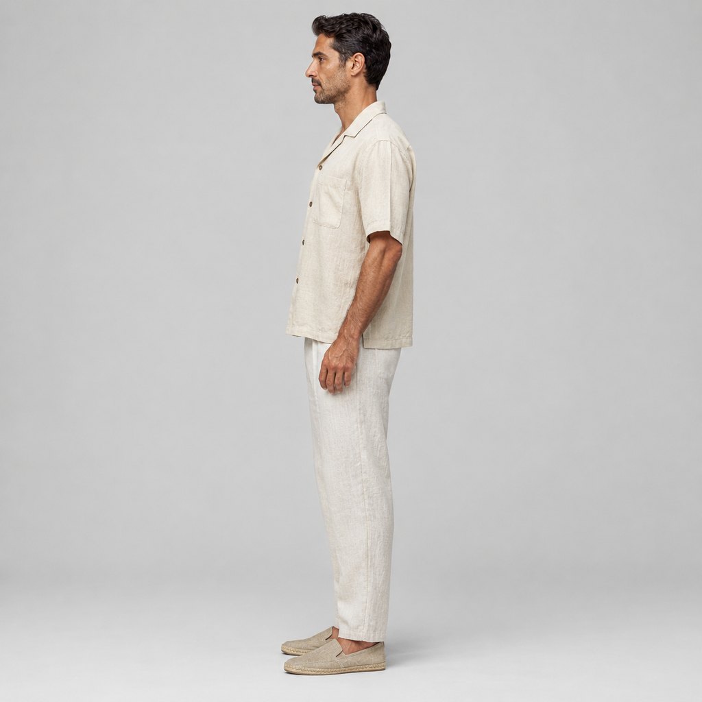 Beige linen camp collar shirt worn by a model, front view — view 3