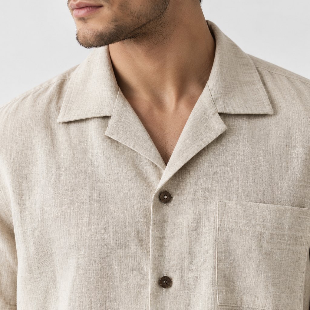 Beige linen camp collar shirt worn by a model, front view — view 5