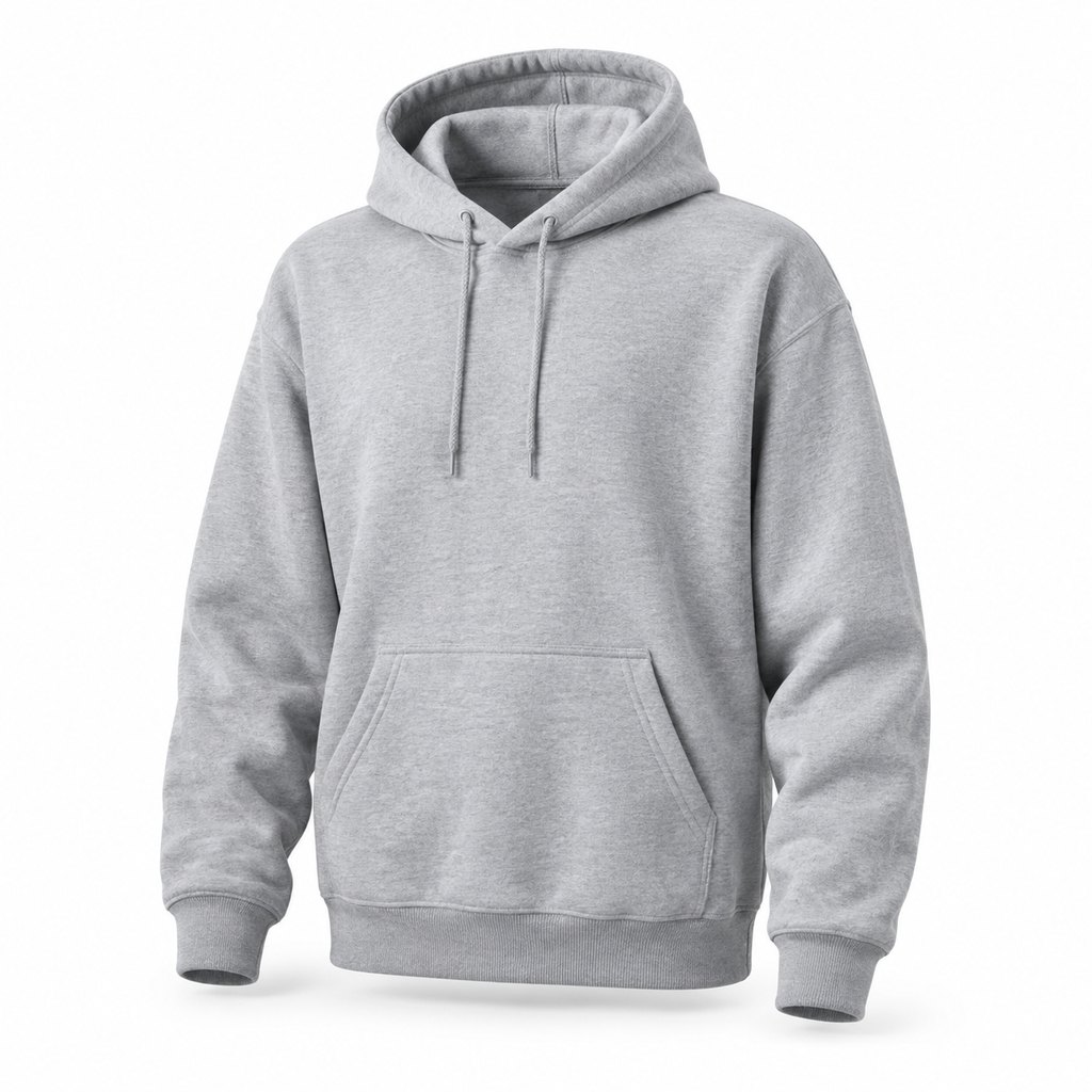 Heather grey fleece hoodie worn by a model, front view