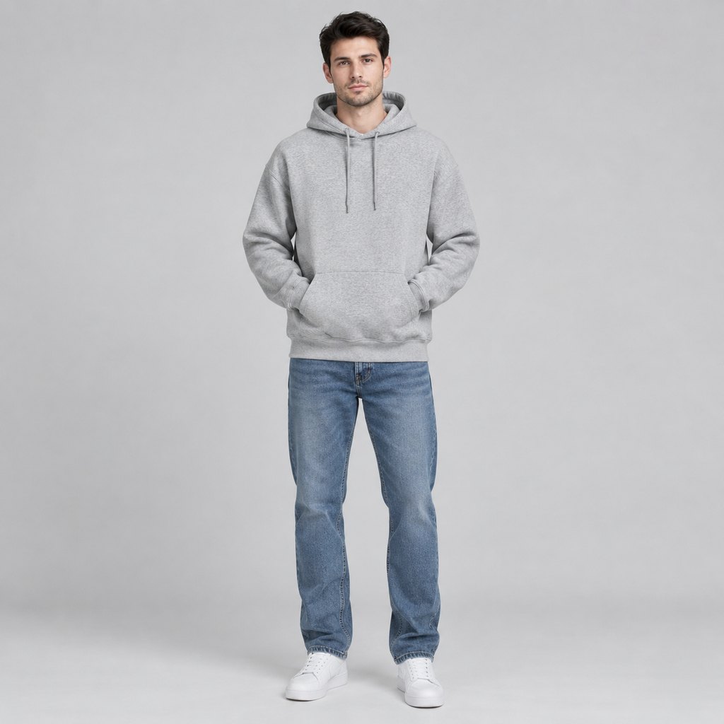 Heather grey fleece hoodie worn by a model, front view — view 2
