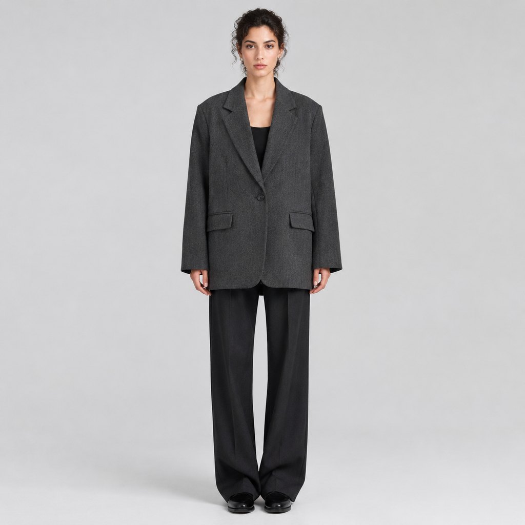 Oversized charcoal blazer worn by a model, front view — view 2