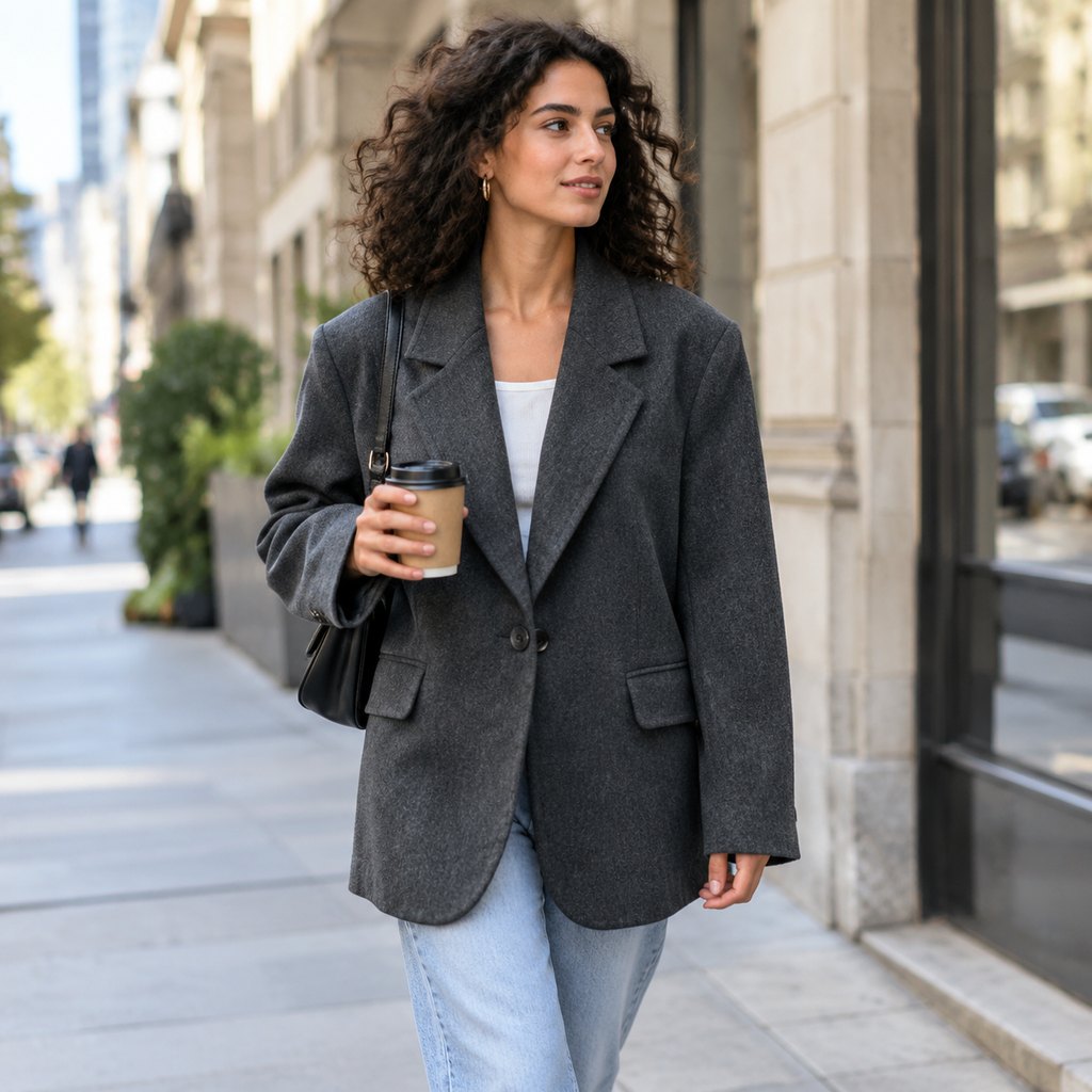 Oversized charcoal blazer worn by a model, front view — view 6