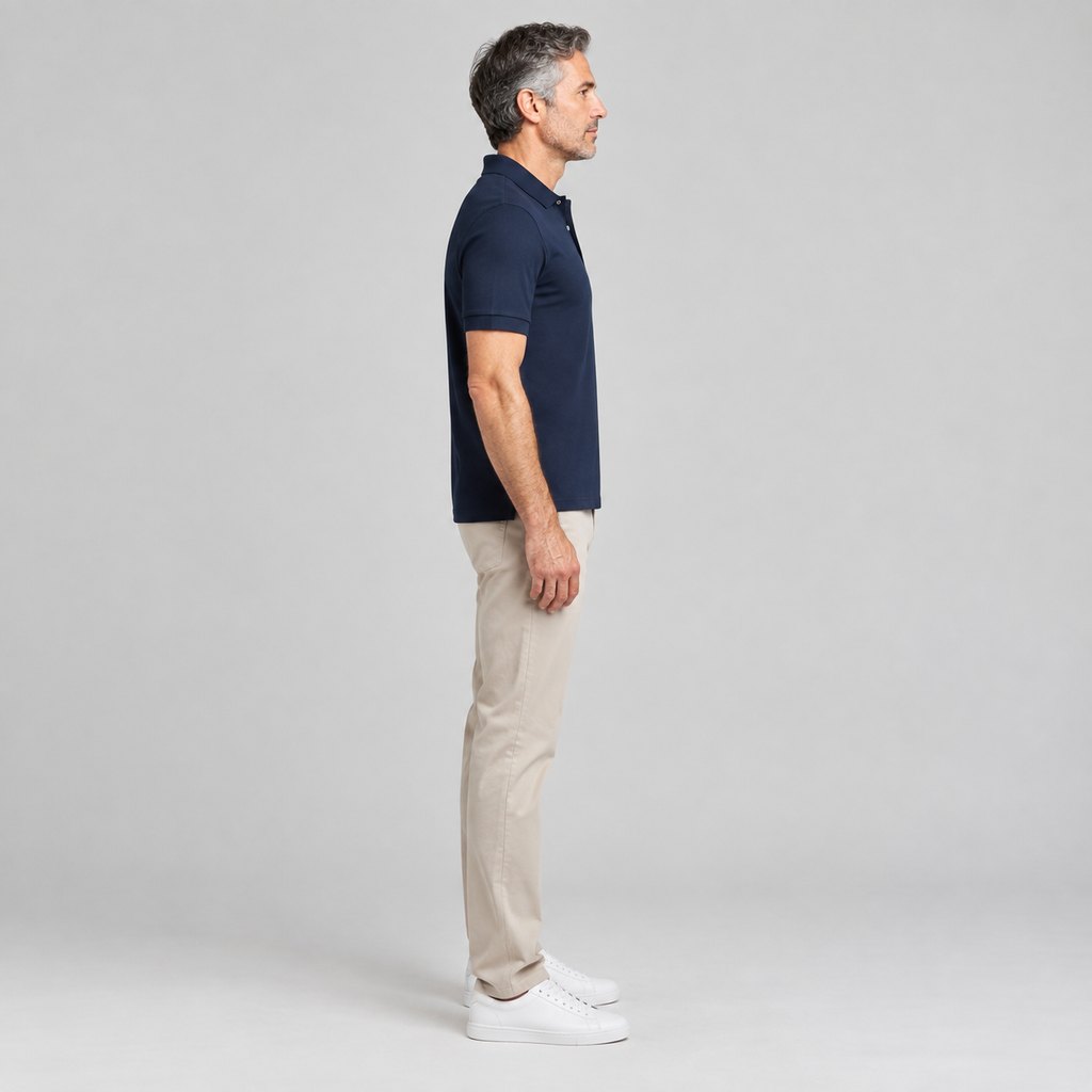 Navy cotton piqué polo shirt worn by a model, front view — view 3