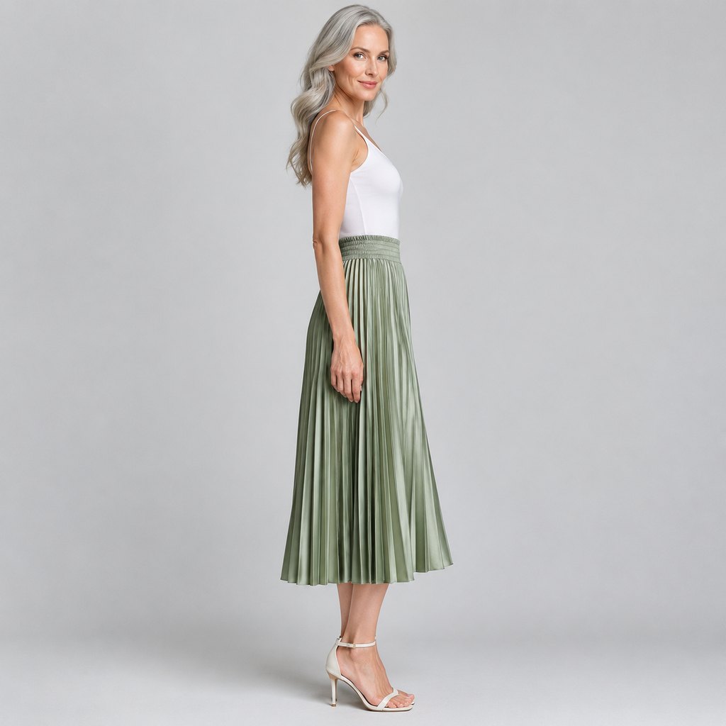 Sage green pleated midi skirt worn by a model, front view — view 3