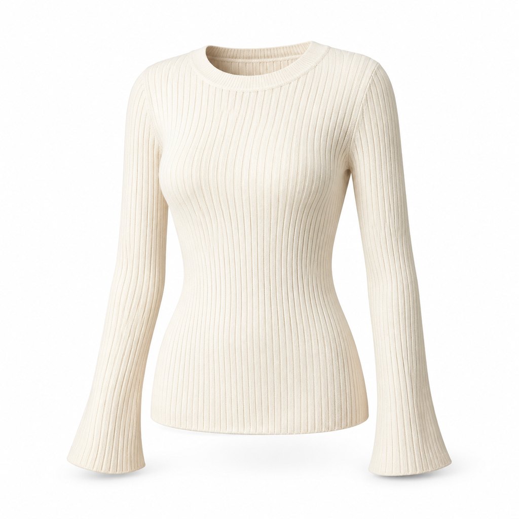 Cream ribbed knit sweater worn by a model, front view