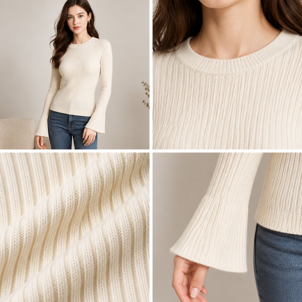 Cream ribbed knit sweater worn by a model, front view — view 5