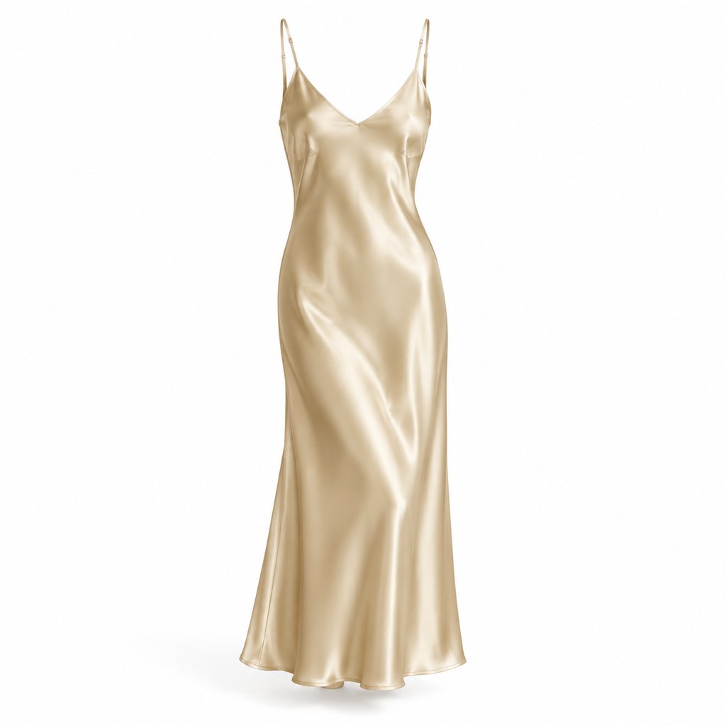 Champagne satin slip dress worn by a model, front view